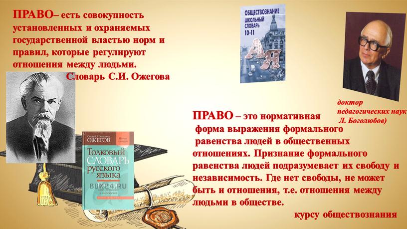 ПРАВО– есть совокупность установленных и охраняемых государственной властью норм и правил, которые регулируют отношения между людьми