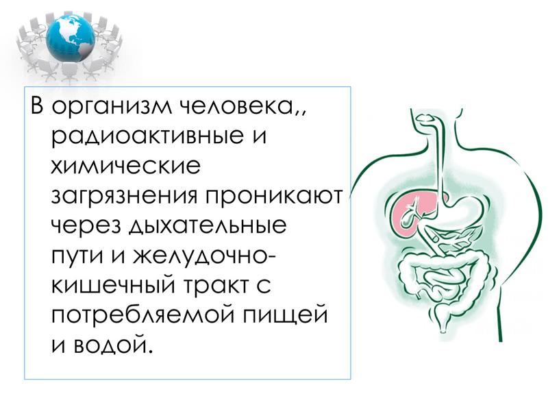 В организм человека,, радиоактивные и химические загрязнения проникают через дыхательные пути и желудочно-кишечный тракт с потребляемой пищей и водой