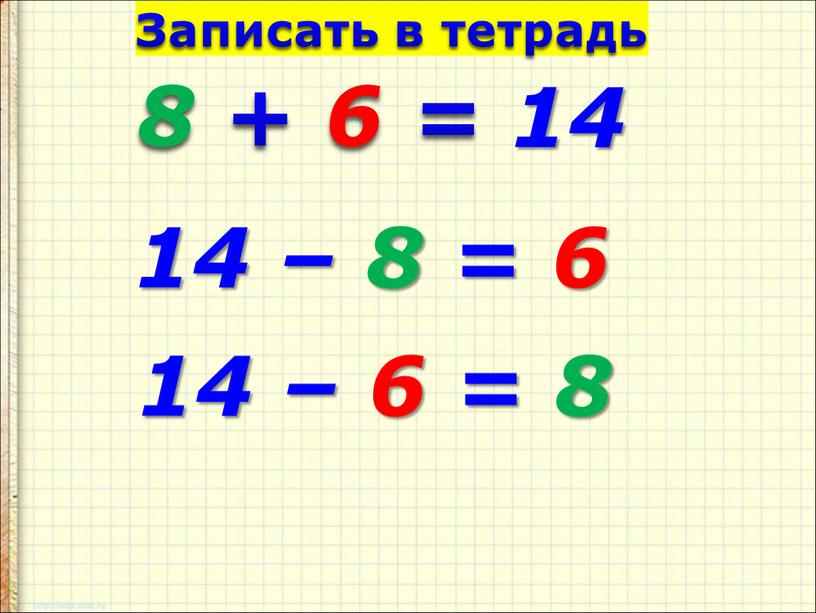 8 + 6 = 14 – 8 = 6 14 – 6 = 8 14 Записать в тетрадь