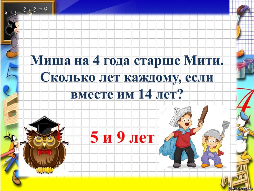 Миша на 4 года старше Мити. Сколько лет каждому, если вместе им 14 лет? 5 и 9 лет