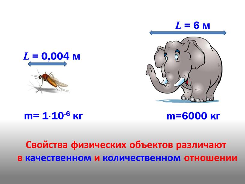 L = 0,004 м L = 6 м Свойства физических объектов различают в качественном и количественном отношении