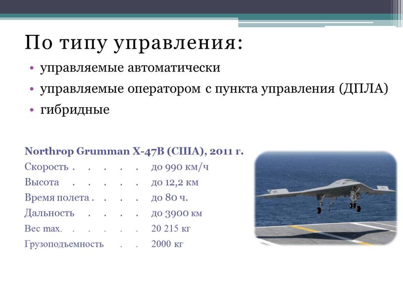 По типу управления: управляемые автоматически управляемые оператором с пункта управления (ДПЛА) гибридные