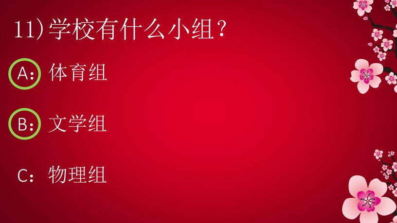 11)学校有什么小组？ A：体育组 B：文学组 C：物理组