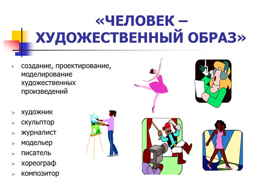 ЧЕЛОВЕК – ХУДОЖЕСТВЕННЫЙ ОБРАЗ» создание, проектирование, моделирование художественных произведений художник скульптор журналист модельер писатель хореограф композитор