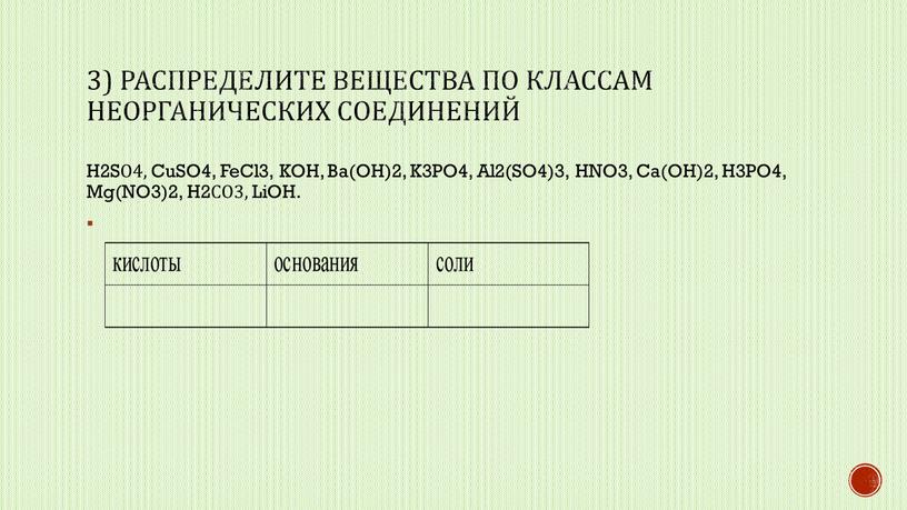 Распределите вещества по классам неорганических соединений