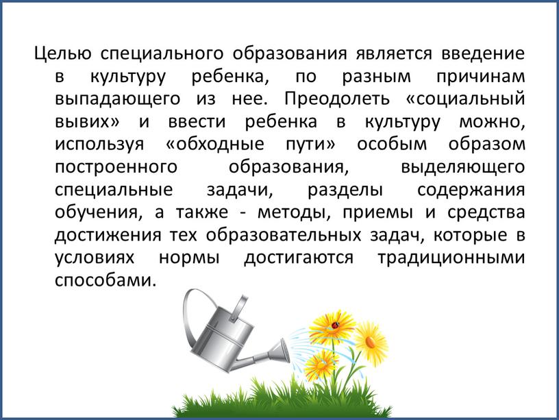 Целью специального образования является введение в культуру ребенка, по разным причинам выпадающего из нее