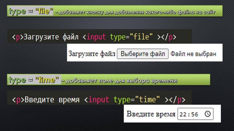 type = “file” – добавляет кнопку для добавления какого-либо файла на сайт type = “time” – добавляет поле для выбора времени