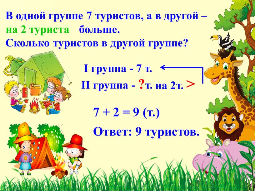 В одной группе 7 туристов, а в другой – больше