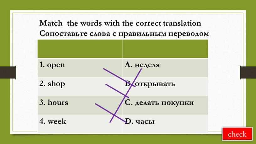 A. неделя 2. shop B. открывать 3