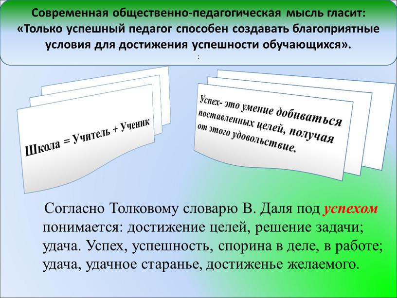 Современная общественно-педагогическая мысль гласит: «Только успешный педагог способен создавать благоприятные условия для достижения успешности обучающихся»