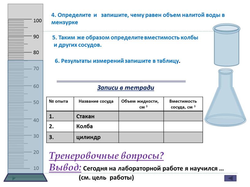 Определите и запишите, чему равен объем налитой воды в мензурке 5