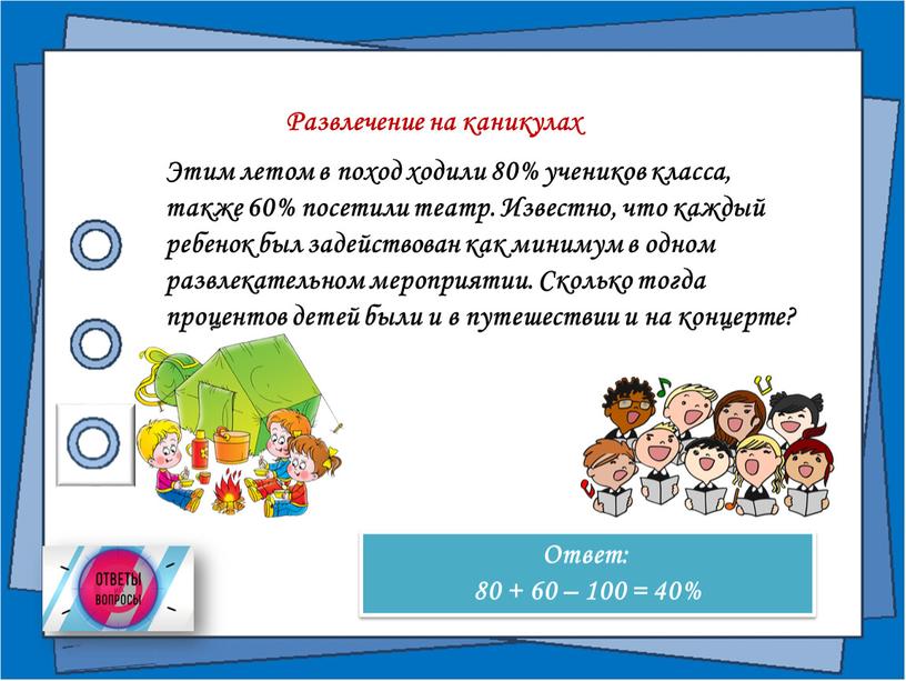 Развлечение на каникулах Этим летом в поход ходили 80% учеников класса, также 60% посетили театр