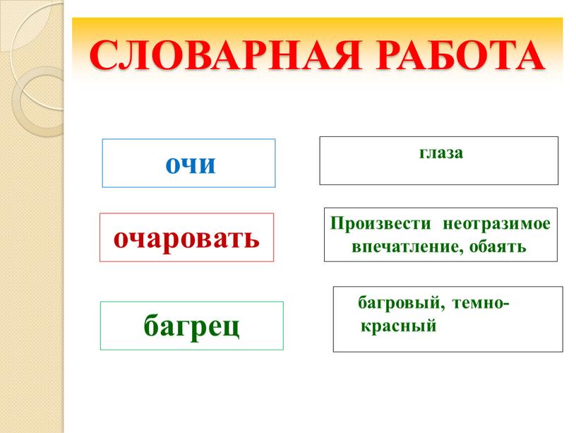 СЛОВАРНАЯ РАБОТА очи очаровать багрец глаза