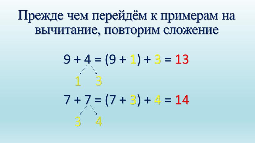 Прежде чем перейдём к примерам на вычитание, повторим сложение 9 + 4 = (9 + 1) + 3 = 13 1 3 7 + 7…