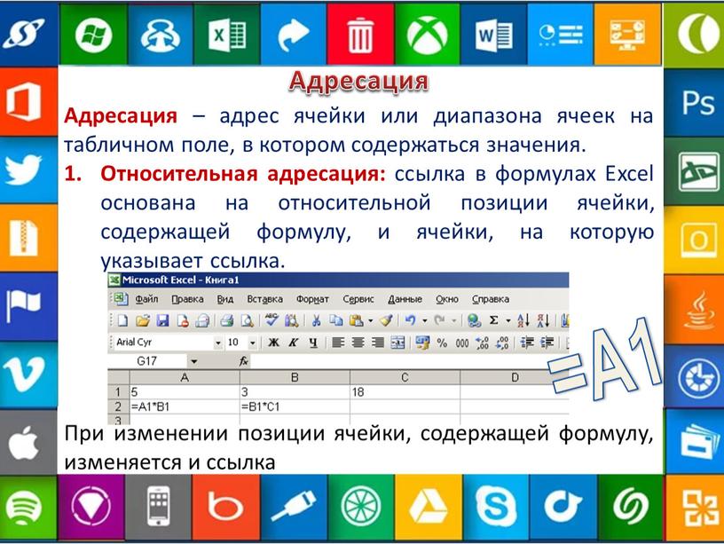 Адресация Адресация – адрес ячейки или диапазона ячеек на табличном поле, в котором содержаться значения