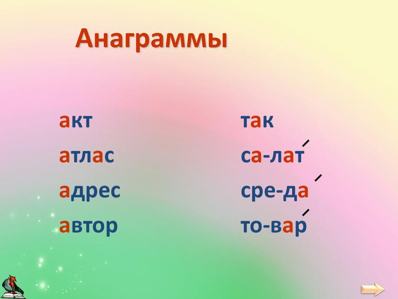 акт атлас адрес автор так са-лат сре-да то-вар Анаграммы