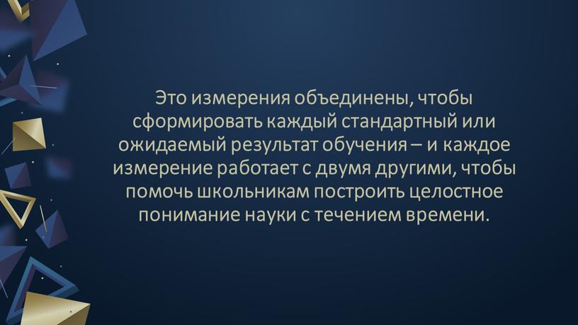 Это измерения объединены, чтобы сформировать каждый стандартный или ожидаемый результат обучения – и каждое измерение работает с двумя другими, чтобы помочь школьникам построить целостное понимание…