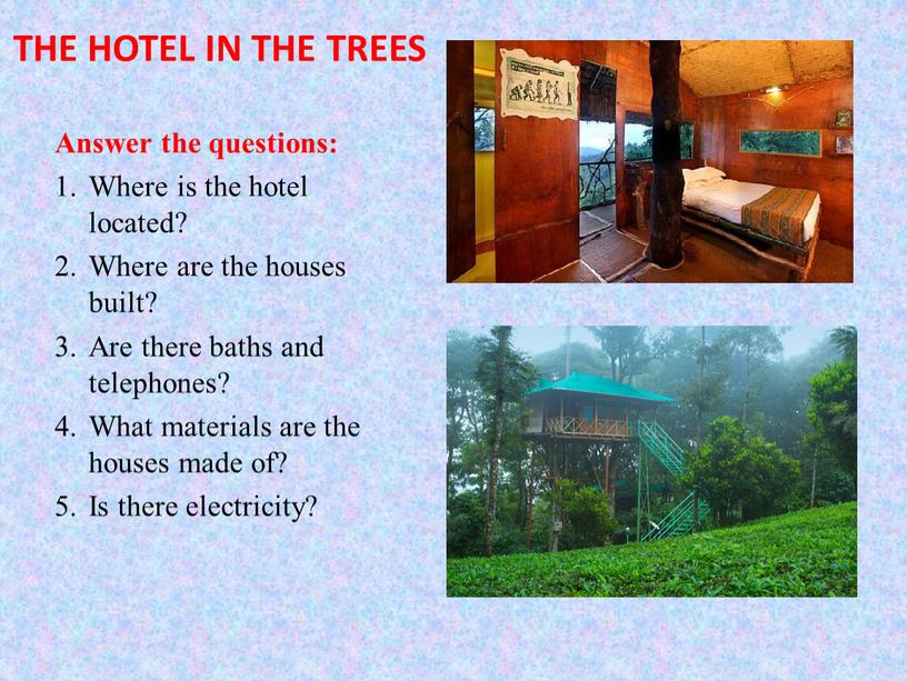 THE HOTEL IN THE TREES Answer the questions: