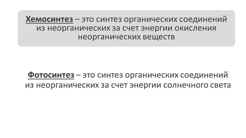 Хемосинтез – это синтез органических соединений из неорганических за счет энергии окисления неорганических веществ