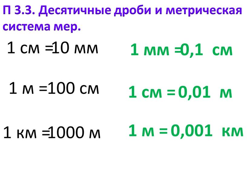 П 3.3. Десятичные дроби и метрическая система мер