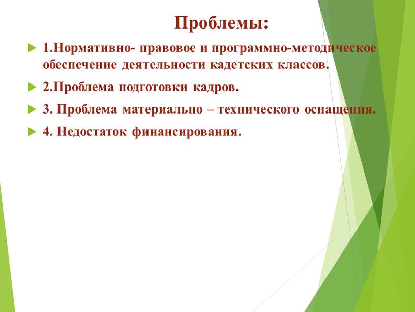 Проблемы: 1.Нормативно- правовое и программно-методическое обеспечение деятельности кадетских классов