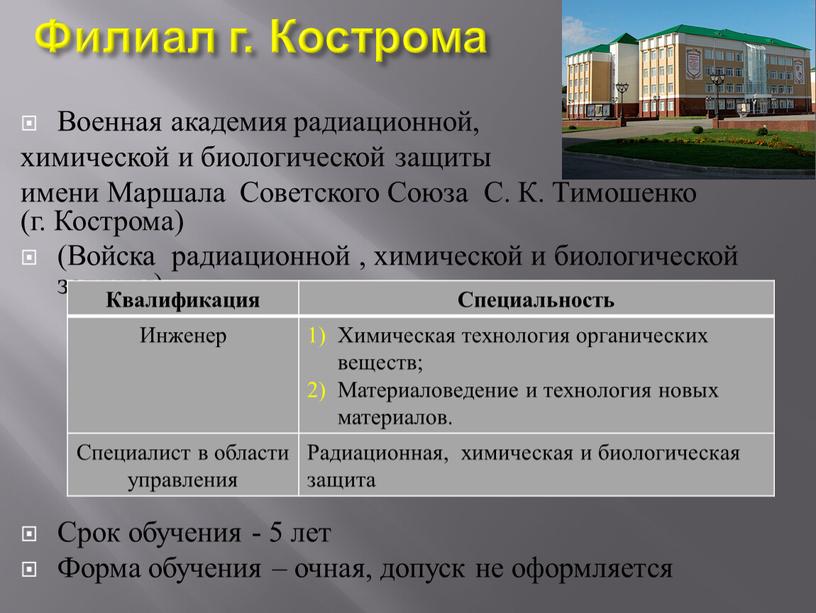 Филиал г. Кострома Военная академия радиационной, химической и биологической защиты имени