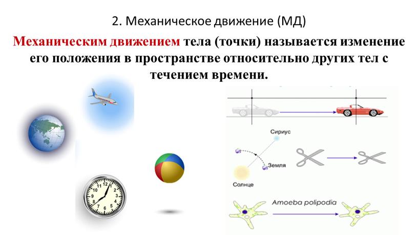 Механическое движение (МД) Механическим движением тела (точки) называется изменение его положения в пространстве относительно других тел с течением времени