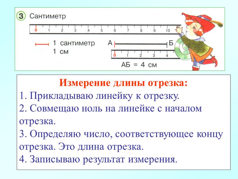 Измерение длины отрезка: 1. Прикладываю линейку к отрезку