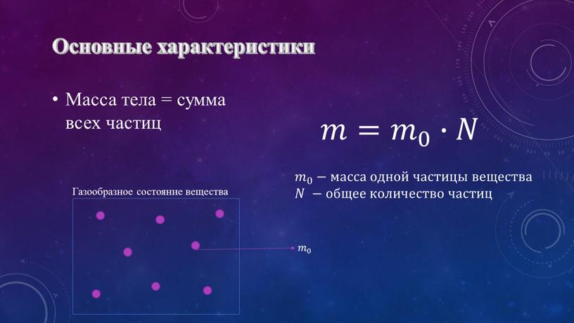 Основные характеристики Масса тела = сумма всех частиц 𝑚= 𝑚 0 ∙𝑁 𝑚 0 𝑚𝑚 𝑚 0 0 𝑚 0 −масса одной частицы вещества 𝑁𝑁…