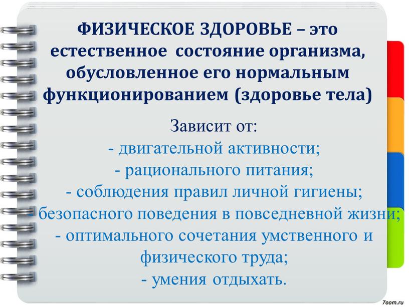 ФИЗИЧЕСКОЕ ЗДОРОВЬЕ – это естественное состояние организма, обусловленное его нормальным функционированием (здоровье тела)