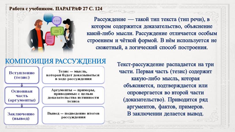 Рассуждение — такой тип текста (тип речи), в котором содержится доказательство, объяснение какой-либо мысли