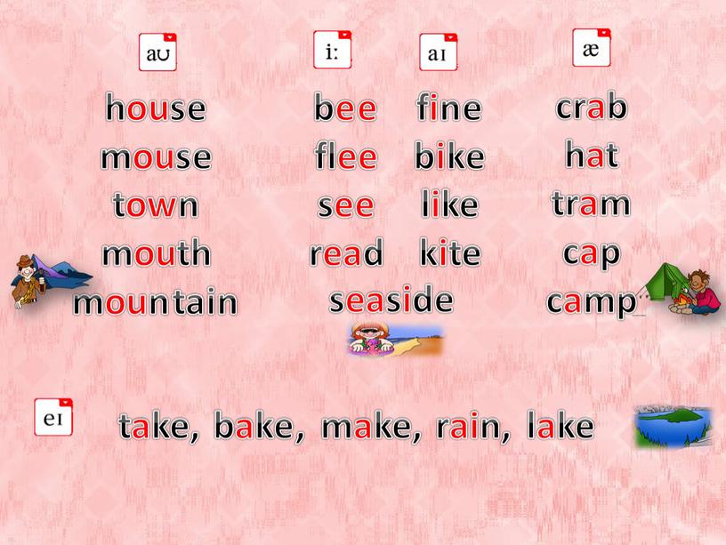 house mouse town mouth mountain bee flee see read sea fine bike like kite side seaside crab hat tram cap camp take, bake, make, rain,…