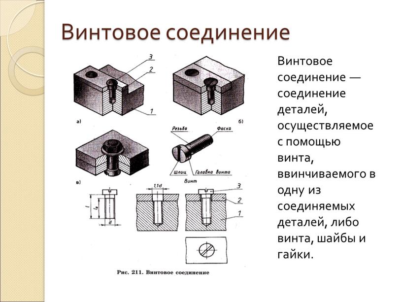 Винтовое соединение Винтовое соединение — соединение деталей, осуществляемое с помощью винта, ввинчиваемого в одну из соединяемых деталей, либо винта, шайбы и гайки