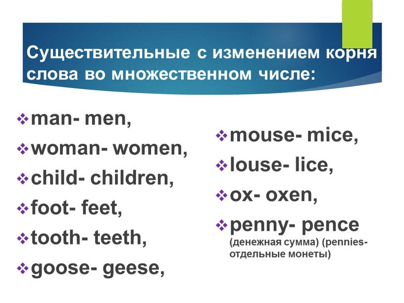 Существительные с изменением корня слова во множественном числе: man- men, woman- women, child- children, foot- feet, tooth- teeth, goose- geese, mouse- mice, louse- lice, ox-…