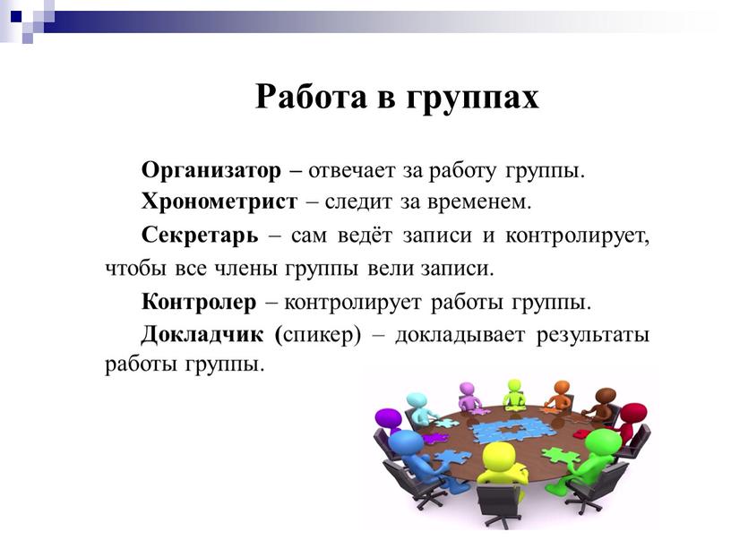 Работа в группах Организатор – отвечает за работу группы