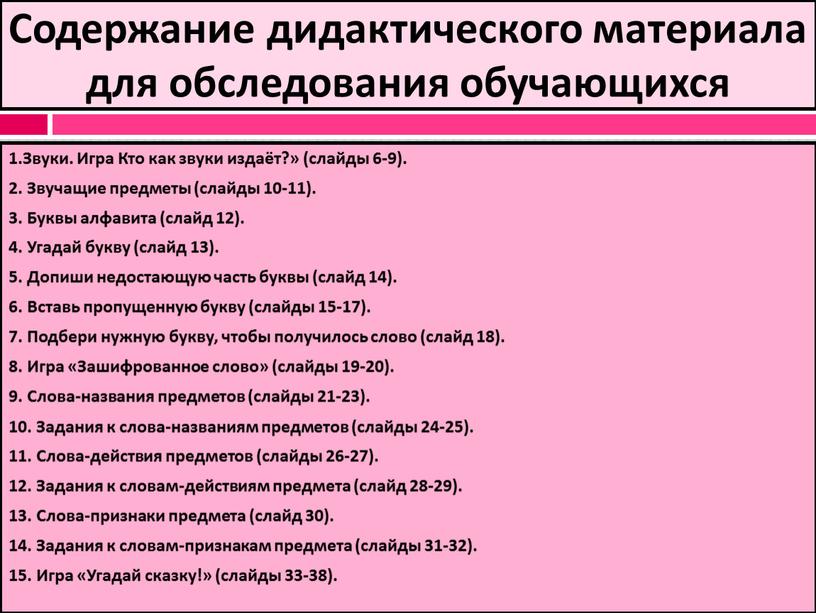 Содержание дидактического материала для обследования обучающихся 1