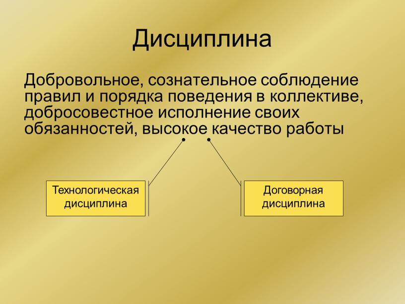 Дисциплина Добровольное, сознательное соблюдение правил и порядка поведения в коллективе, добросовестное исполнение своих обязанностей, высокое качество работы