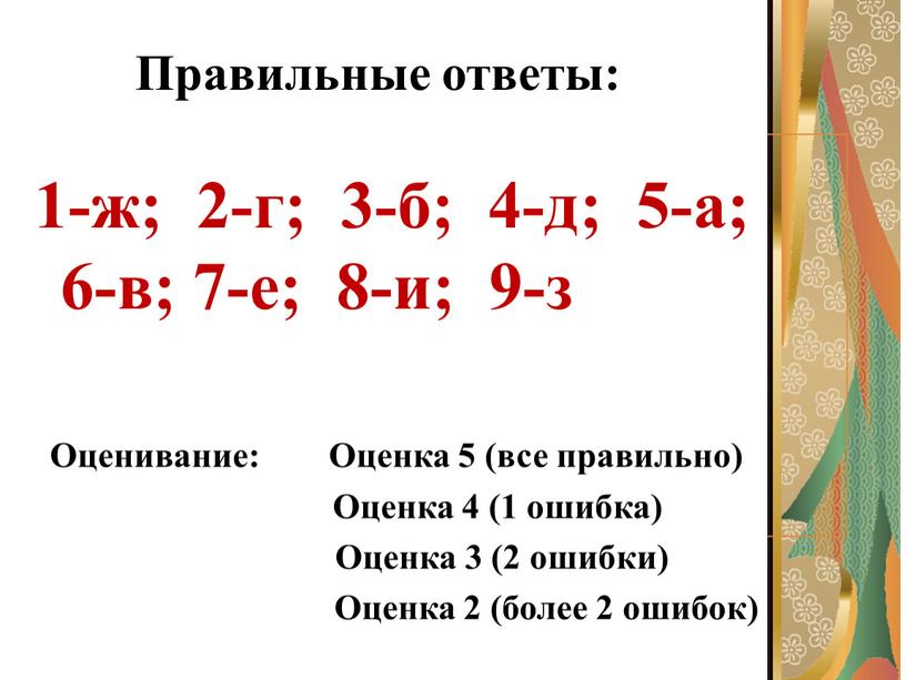 Правильные ответы: 1-ж; 2-г; 3-б; 4-д; 5-а; 6-в; 7-е; 8-и; 9-з