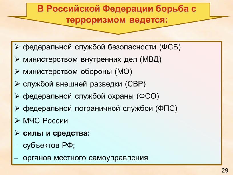 В Российской Федерации борьба с терроризмом ведется: федеральной службой безопасности (ФСБ) министерством внутренних дел (МВД) министерством обороны (МО) службой внешней разведки (СВР) федеральной службой охраны…