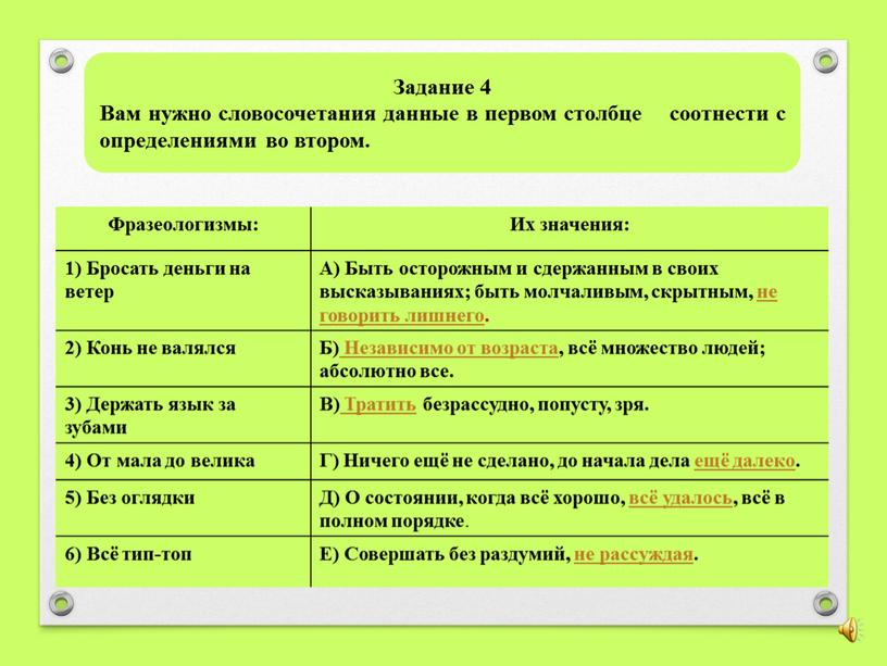 Задание 4 Вам нужно словосочетания данные в первом столбце соотнести с определениями во втором