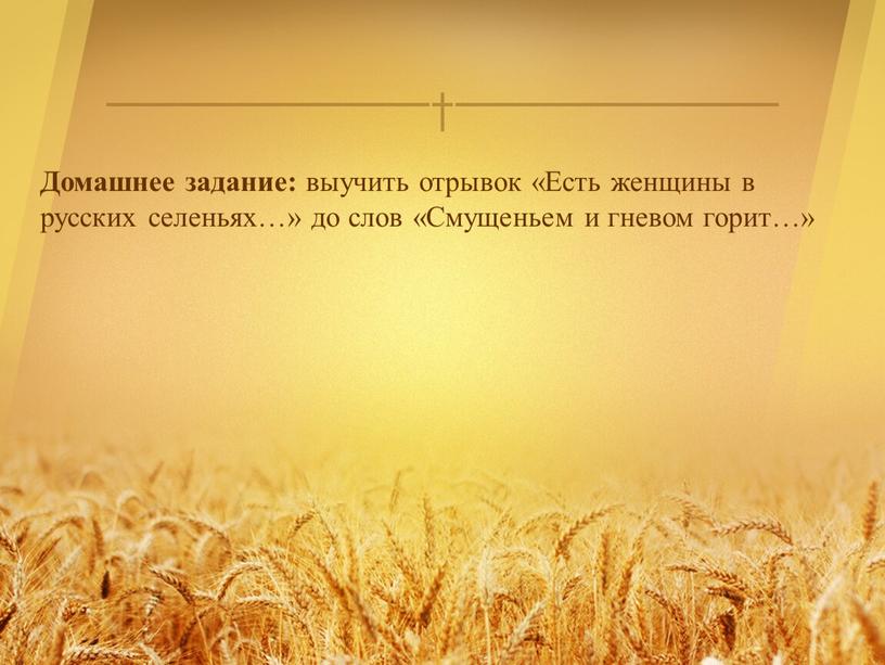 Домашнее задание: выучить отрывок «Есть женщины в русских селеньях…» до слов «Смущеньем и гневом горит…»