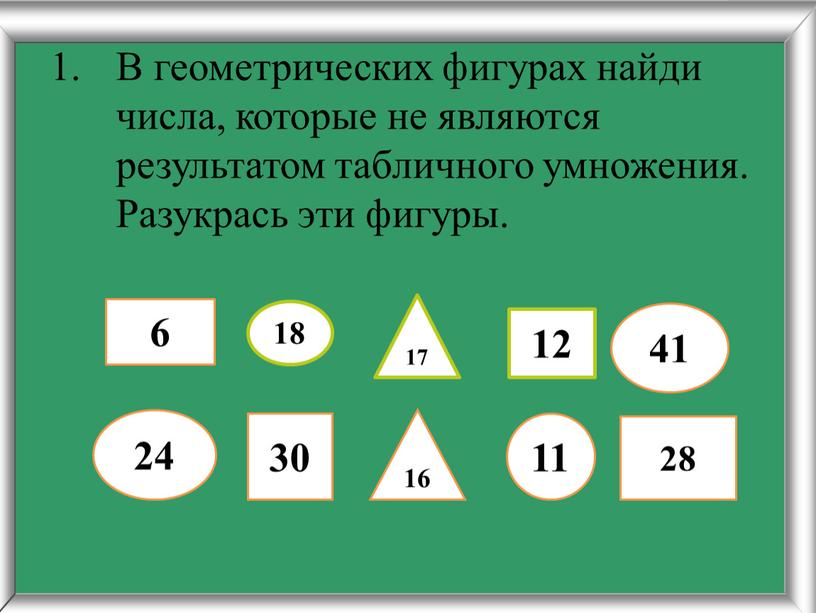 В геометрических фигурах найди числа, которые не являются результатом табличного умножения