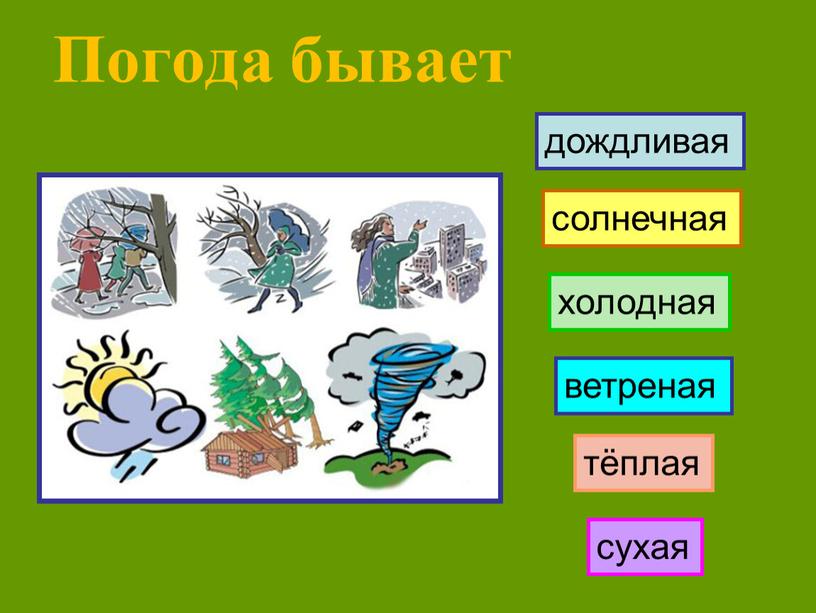 Погода бывает холодная дождливая сухая солнечная ветреная тёплая