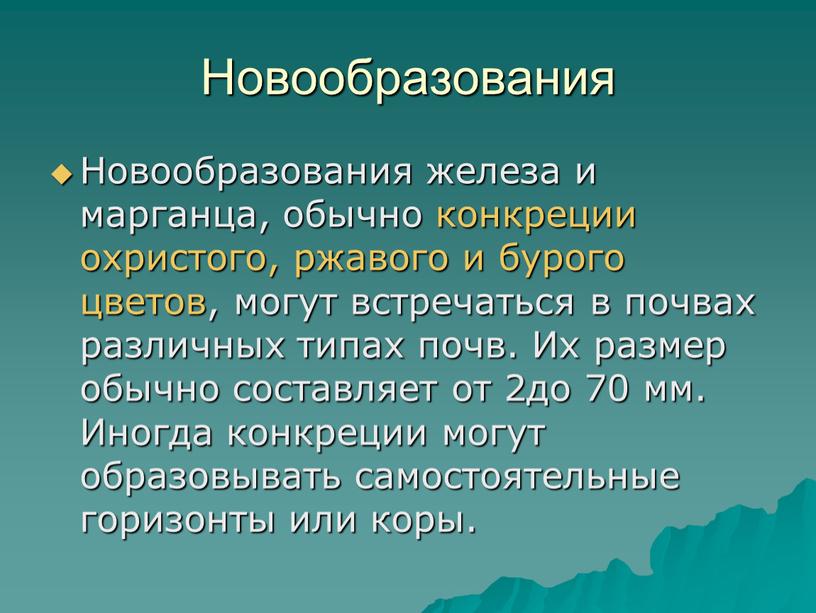 Новообразования Новообразования железа и марганца, обычно конкреции охристого, ржавого и бурого цветов, могут встречаться в почвах различных типах почв