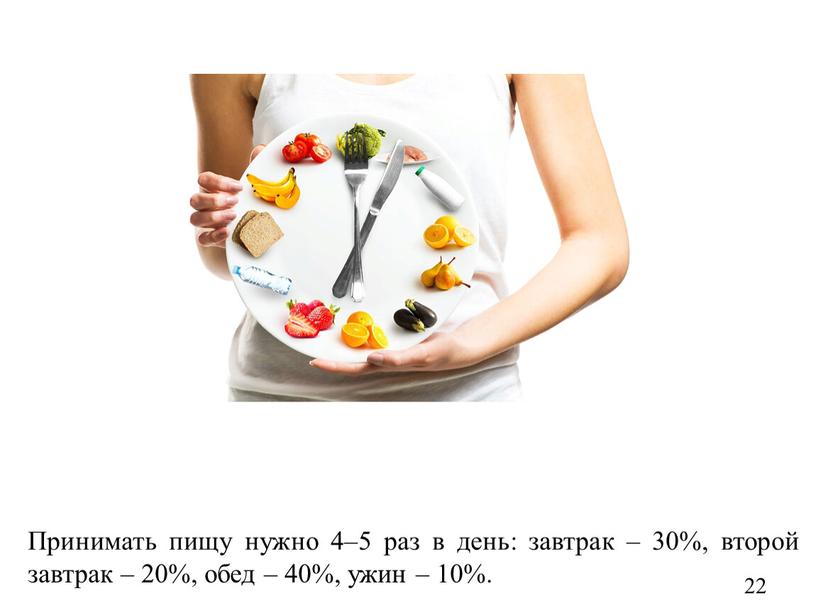 Принимать пищу нужно 4–5 раз в день: завтрак – 30%, второй завтрак – 20%, обед – 40%, ужин – 10%