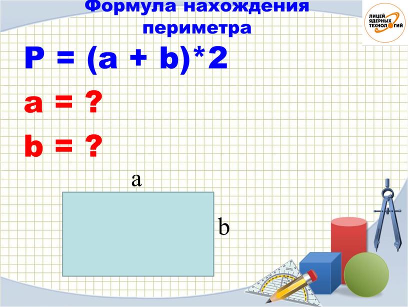 P = (a + b)*2 a = ? b = ? Формула нахождения периметра a b