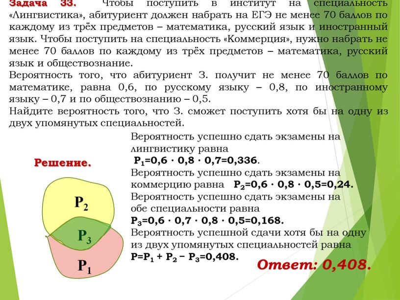 Решение. Задача 33. Чтобы поступить в институт на специальность «Лингвистика», абитуриент должен набрать на