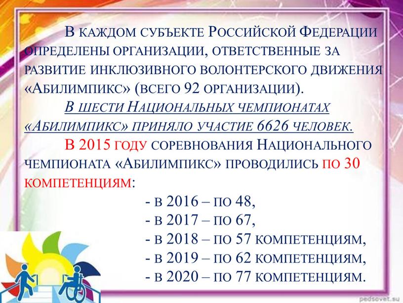 В каждом субъекте Российской Федерации определены организации, ответственные за развитие инклюзивного волонтерского движения «Абилимпикс» (всего 92 организации)