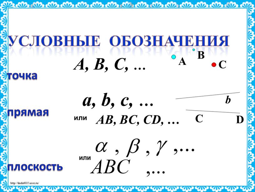 Условные обозначения точка прямая плоскость