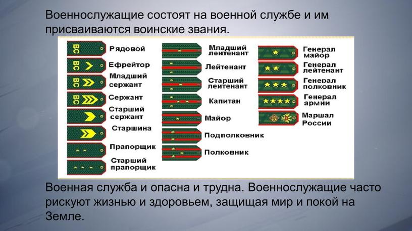 Военнослужащие состоят на военной службе и им присваиваются воинские звания